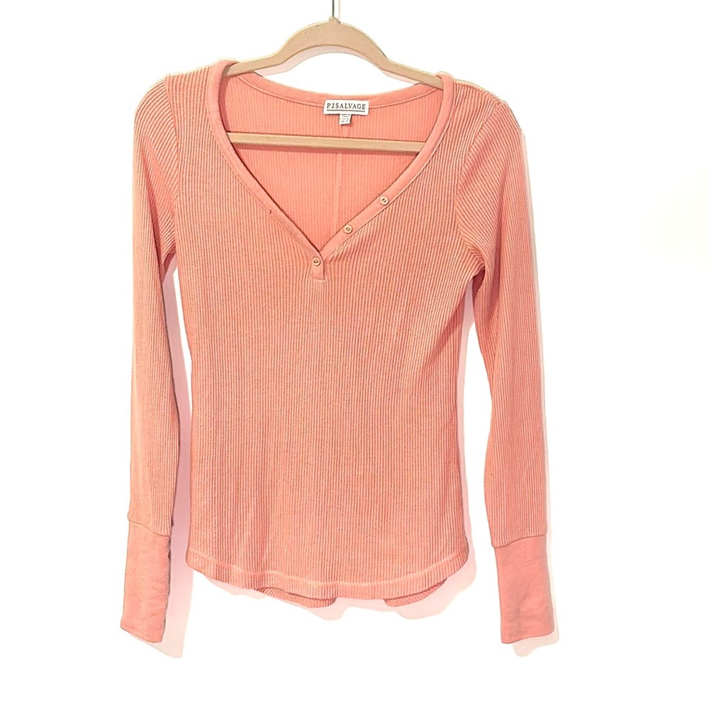 PJ SALVAGE pink coral orange Henley long sleeve button details v neck Henley top